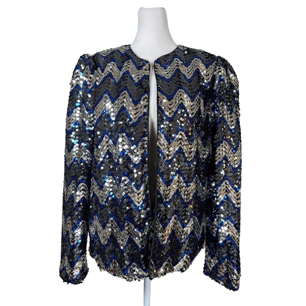Vintage ‘80s Three Flaggs Black, Blue & Silver Sequined Open Front Jacket